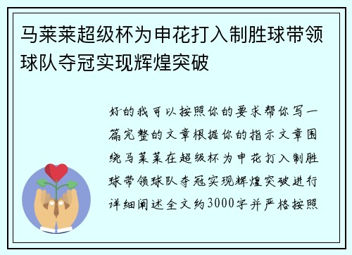 马莱莱超级杯为申花打入制胜球带领球队夺冠实现辉煌突破